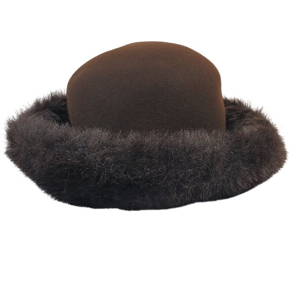 Da-Me Women's Brown Wool Hat w/ Faux Fur Trim. Made in Italy. 23" - Picture 6 of 10